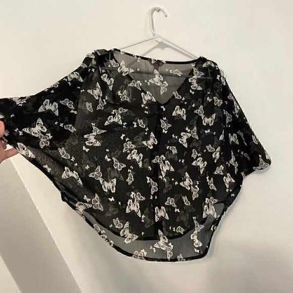 CANDIE'S Black White Butterfly Print Sheer Short Sleeve Cold Shoulder Y2K Blouse - Picture 10 of 10